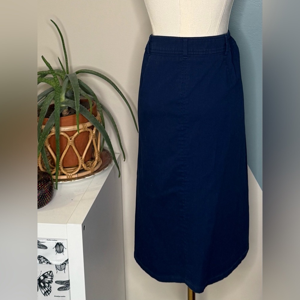 Talbots 14WP Navy Stretch Cotton Denim Skirt | Classic Fit Straight Knee Length - Picture 5 of 13